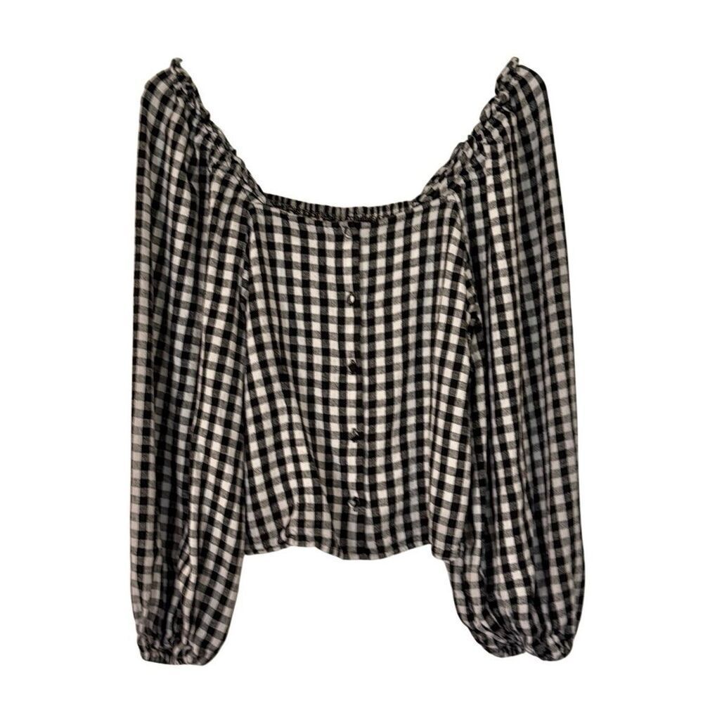 Who What Wear black linen gingham puff sleeve cropped blouse  large - Picture 3 of 10